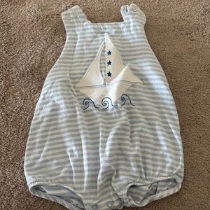 Striped Baby One-Piece Romper with Sailboat Appliqué - Light Blue/White